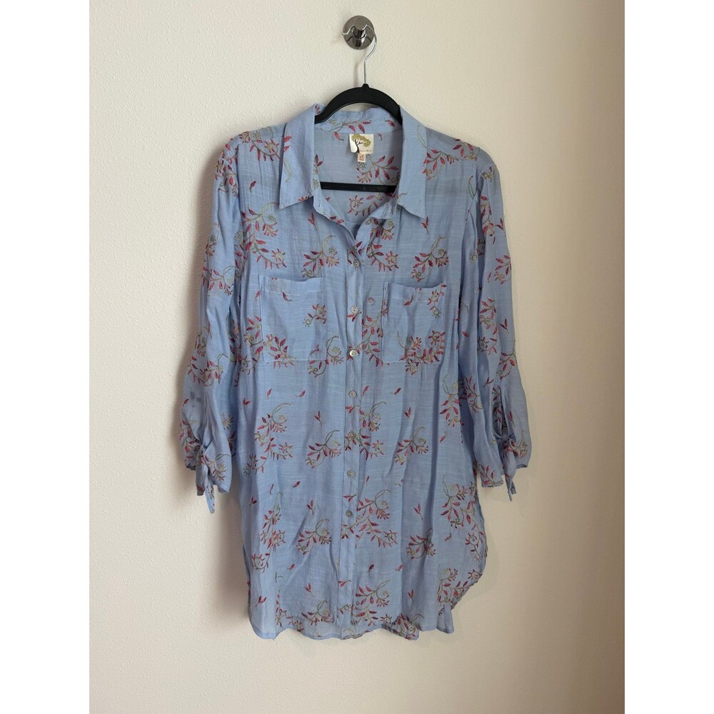 Fig & Flower Light Blue Floral Embroidered Button Down Long Tunic Women’s XL